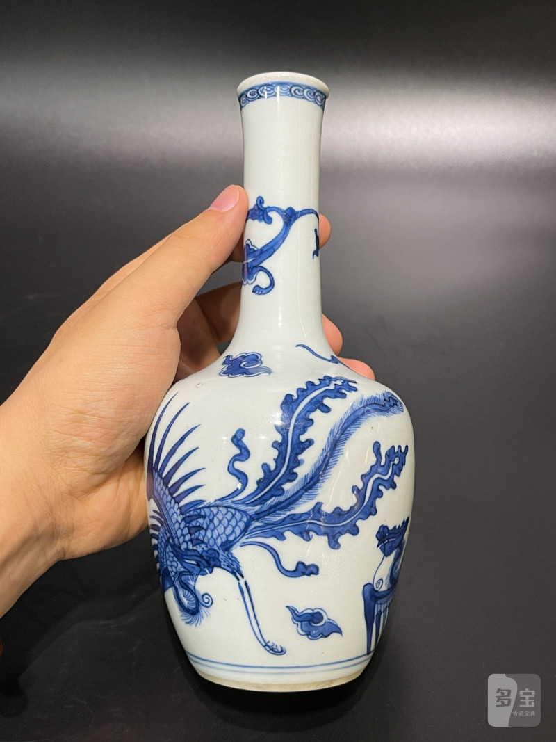 清康熙 青花凤纹长颈瓶 - 图8